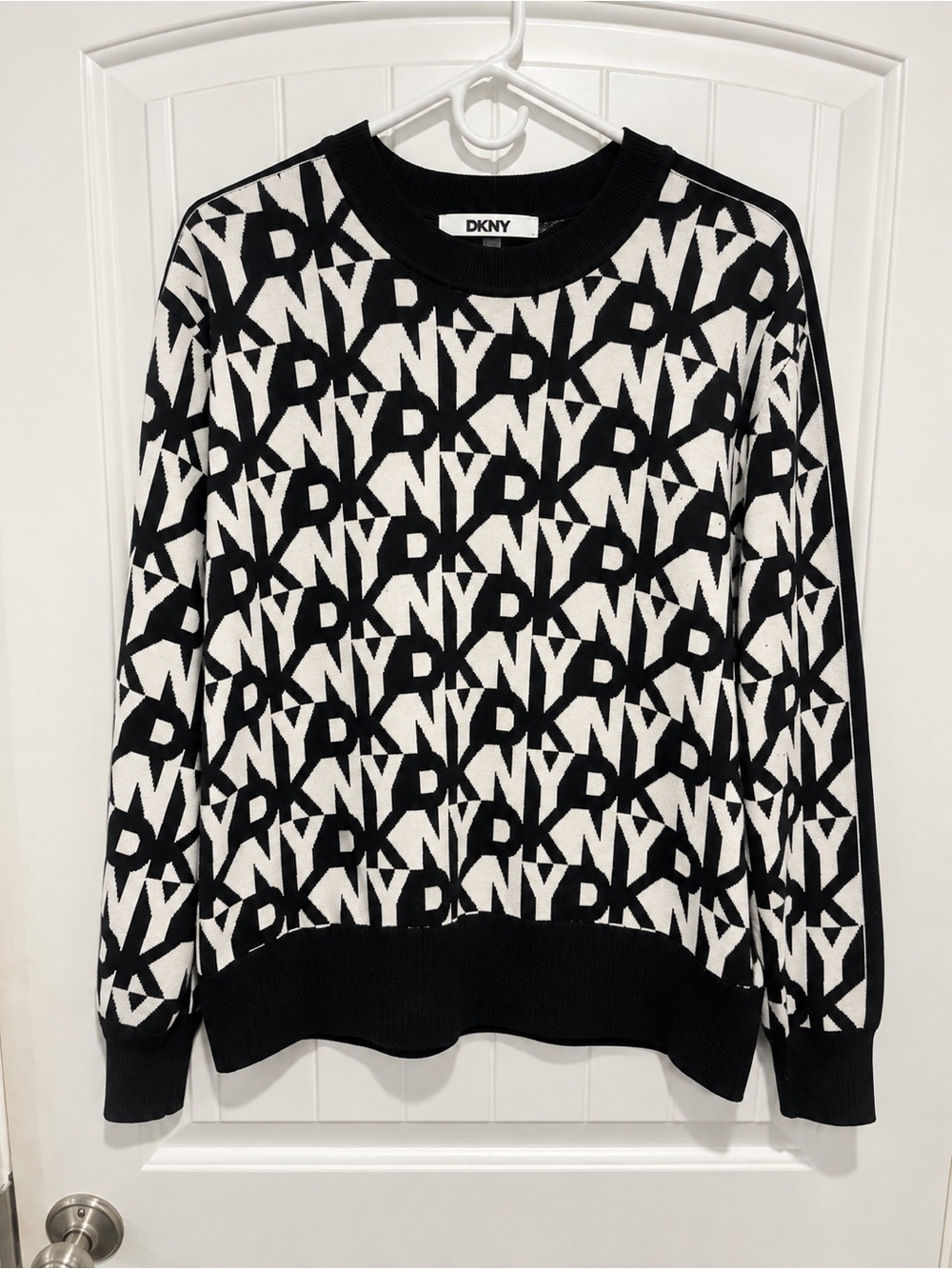 DKNY Logo Monogram Crewneck Sweater Black White Women’s L